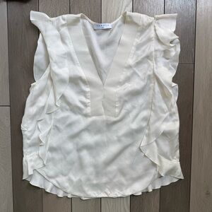 Sandro White Asymmetrical Ruffled Sleeveless Blouse